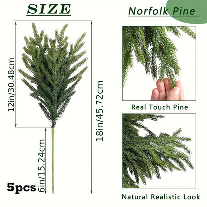 Five pieces of real touch faux pine branches in varying heights for realistic decoration