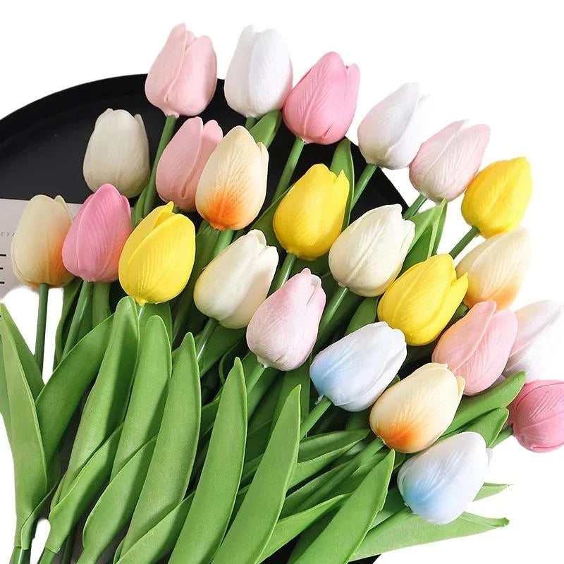 A stunning realistic artificial tulip bouquet featuring various colors including pink, white, and yellow