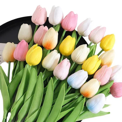 A stunning realistic artificial tulip bouquet featuring various colors including pink, white, and yellow