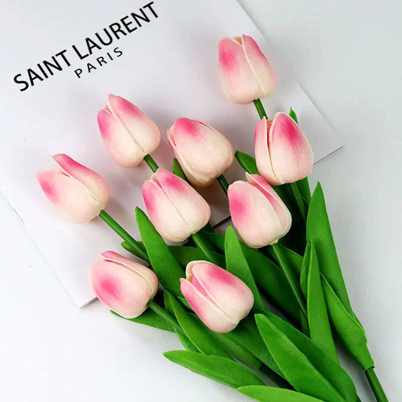 Realistic artificial tulip bouquet with pink tips and green leaves for elegant home decor