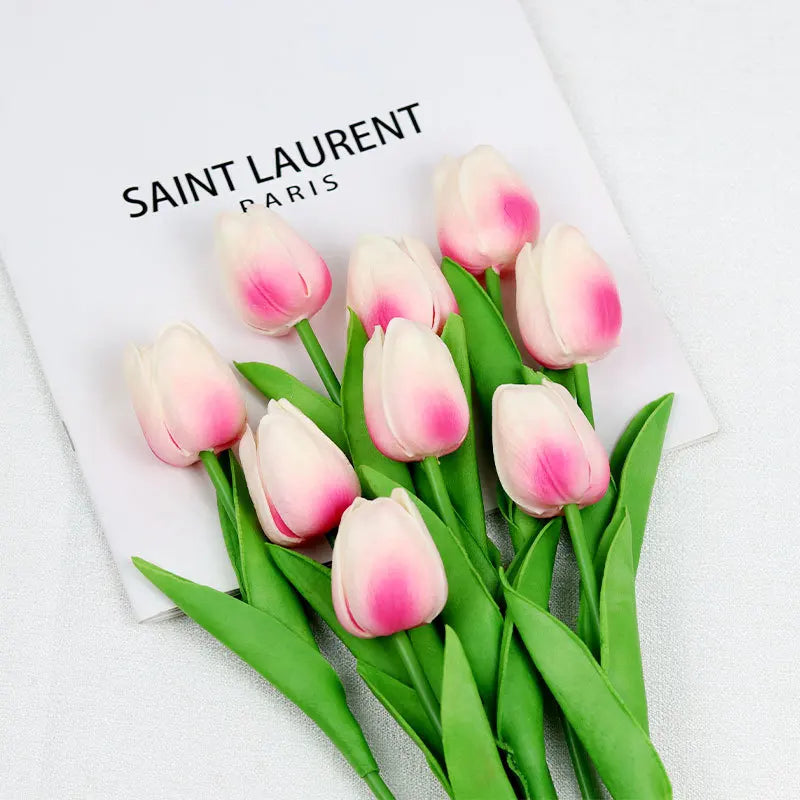 Realistic artificial tulip bouquet in pink and white, perfect for home decor arrangements