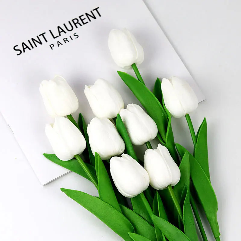 Realistic artificial tulip bouquet with white flowers and green leaves for home decor