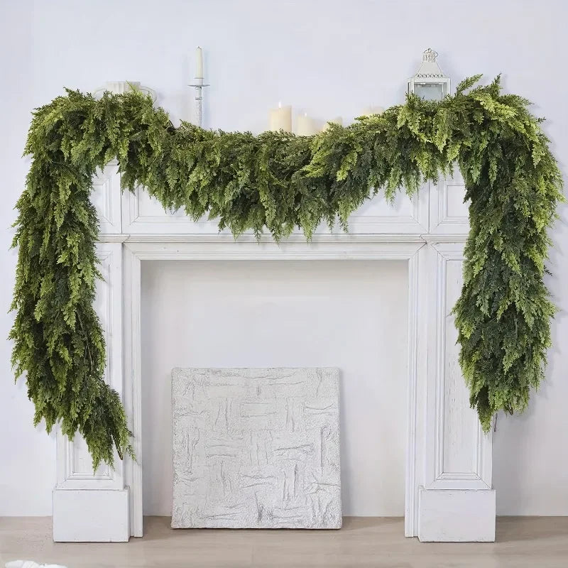 Realistic Christmas Garland draped over a white mantel, adding festive greenery to holiday decor