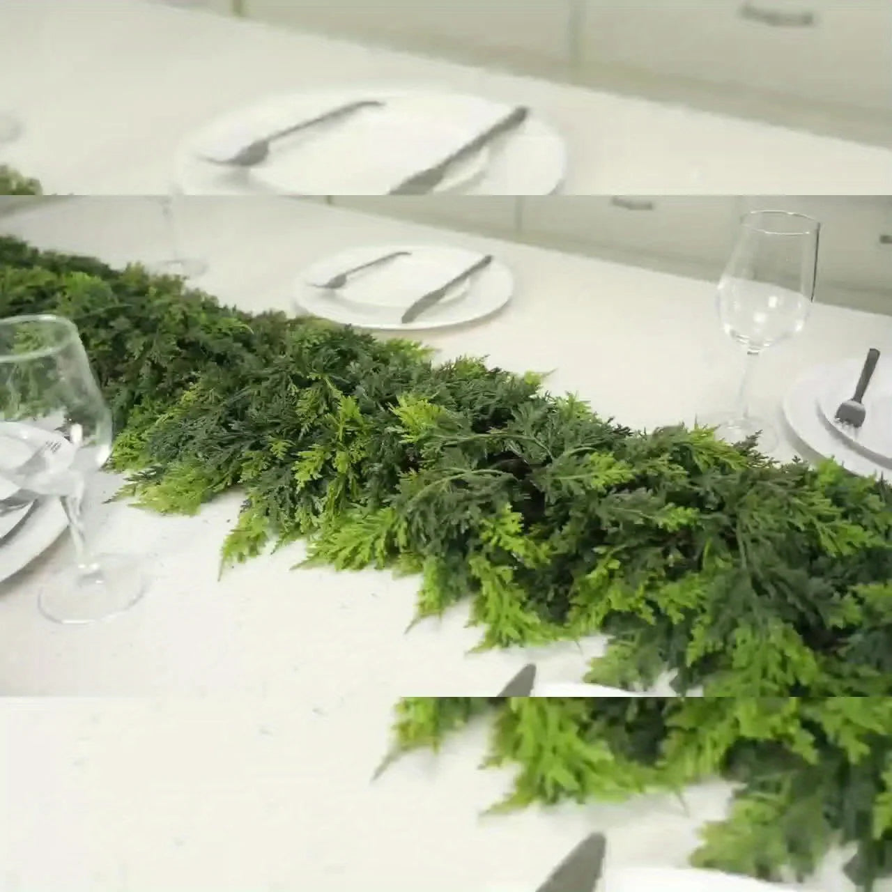 Realistic Christmas Garland on a dining table set for a festive meal with plates and glasses