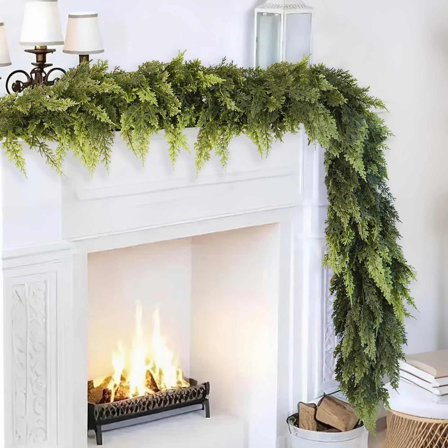 Realistic Christmas Garland draped over a mantel with a cozy fireplace in the background