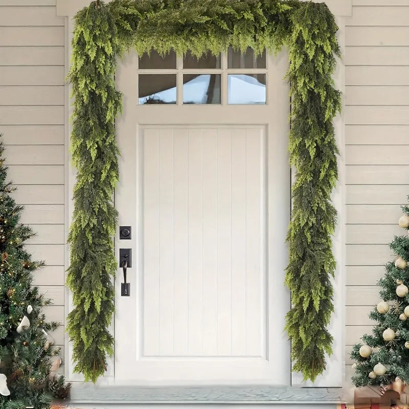 Nutshell Realistic Christmas Garland adorning a front door with festive greenery and holiday decor