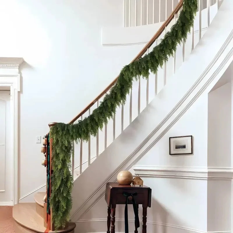 Realistic Christmas Garland draped elegantly on a staircase railing for festive decoration