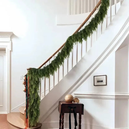 Realistic Christmas Garland draped elegantly on a staircase railing for festive decoration