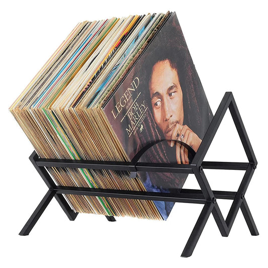 Nutshell black metal Vinyl Record Storage rack holding a collection of LPs with a portrait album cover
