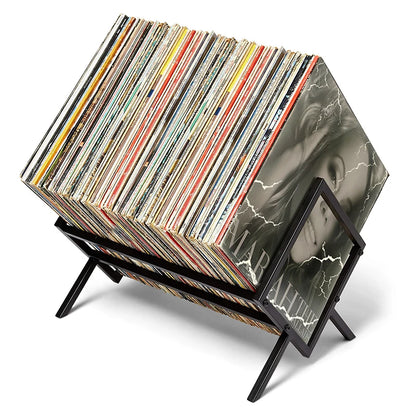Nutshell black metal angled record rack holding dozens of LPs for Vinyl Record Storage in living room