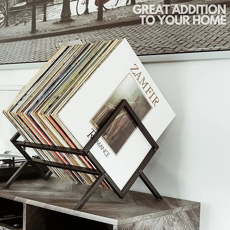 Black Nutshell metal record rack on console holding albums angled display Vinyl Record Storage for living room