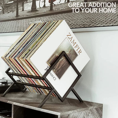 Black Nutshell metal record rack on console holding albums angled display Vinyl Record Storage for living room