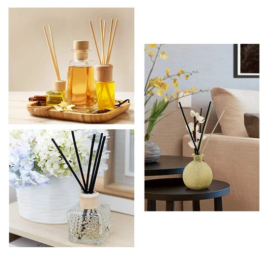 Nutshell diffuser sets with reed diffuser replacement sticks in various designs and home settings
