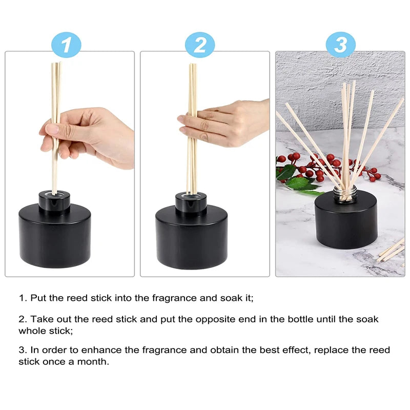 Nutshell diffuser with step-by-step guide using reed diffuser replacement sticks in a black container