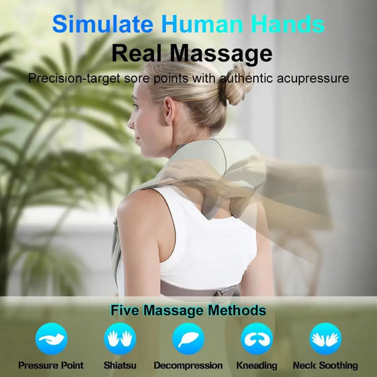 Nutshell wireless neck and shoulder massager on a woman from back simulating human hands shiatsu and kneading