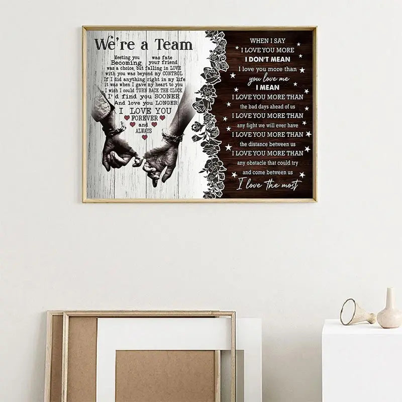 Framed retro love quotes wall art featuring hands holding with heartfelt messages about love and teamwork
