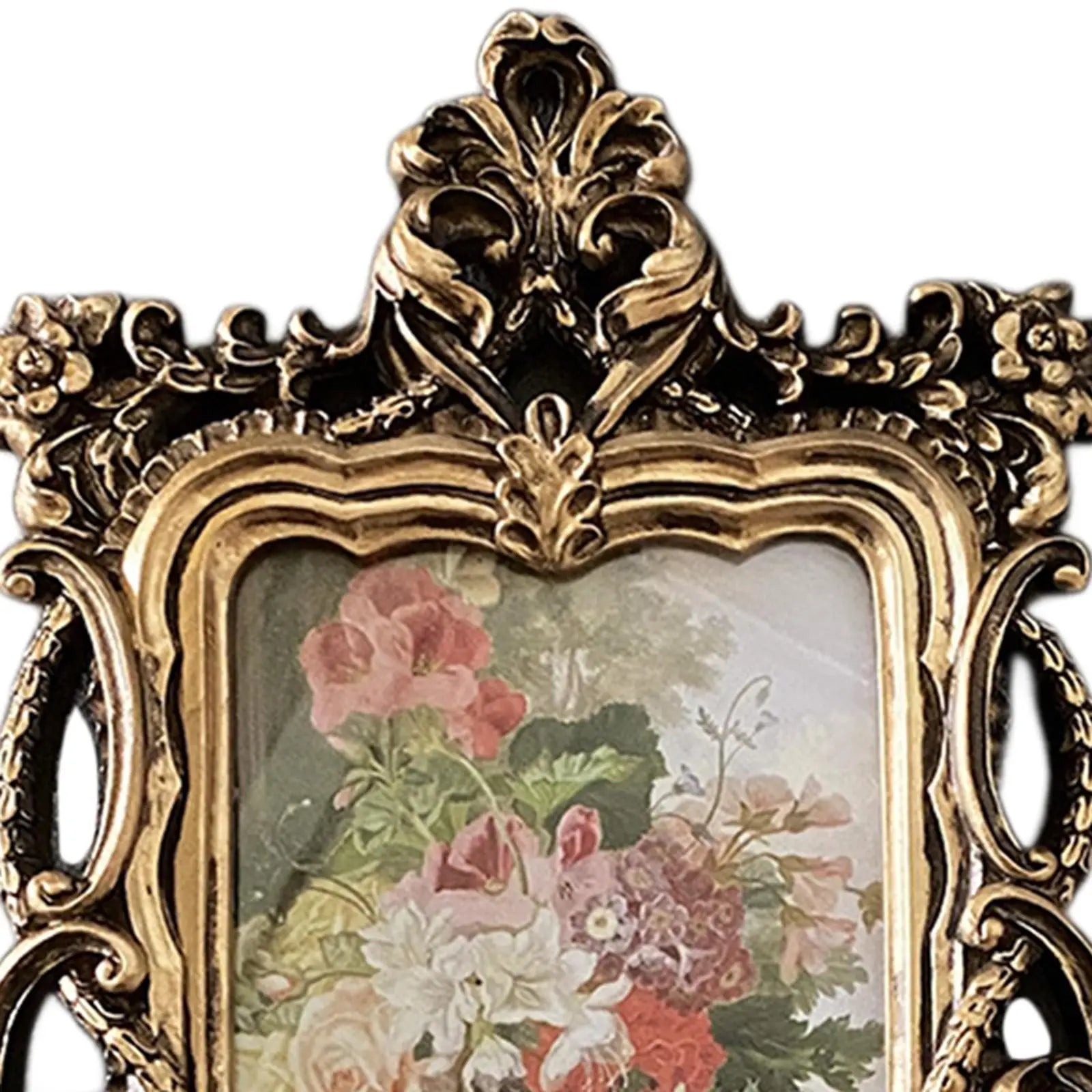 Nutshell retro ornate photo frame featuring intricate detailing and a floral landscape print