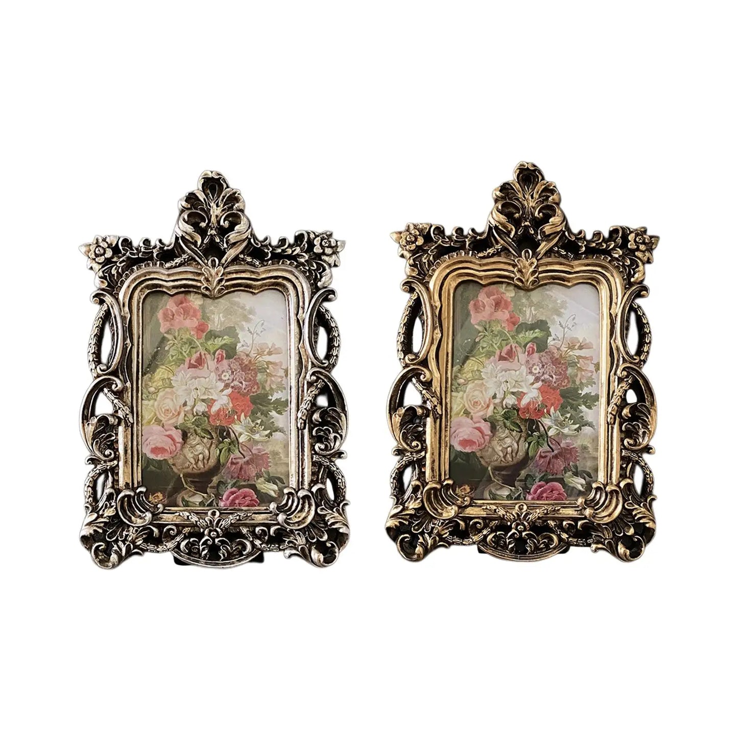 Set of two retro ornate photo frames in silver and gold featuring floral artwork