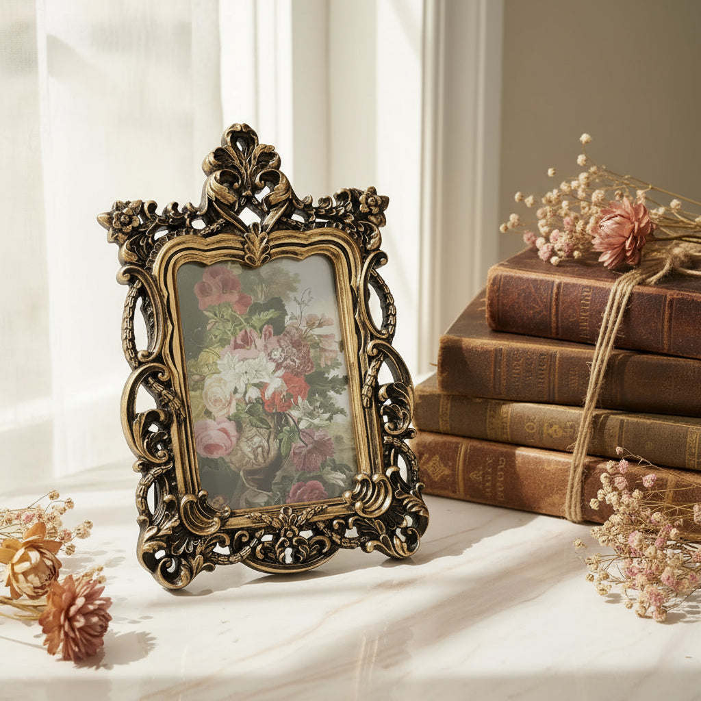 Retro ornate photo frame with intricate detailing and floral artwork inside