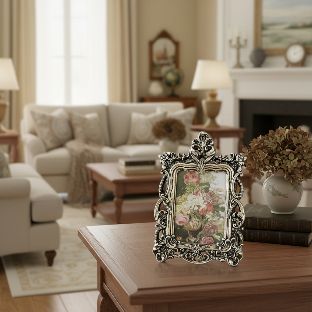 Nutshell retro ornate photo frame in silver with intricate floral designs for showcasing cherished memories