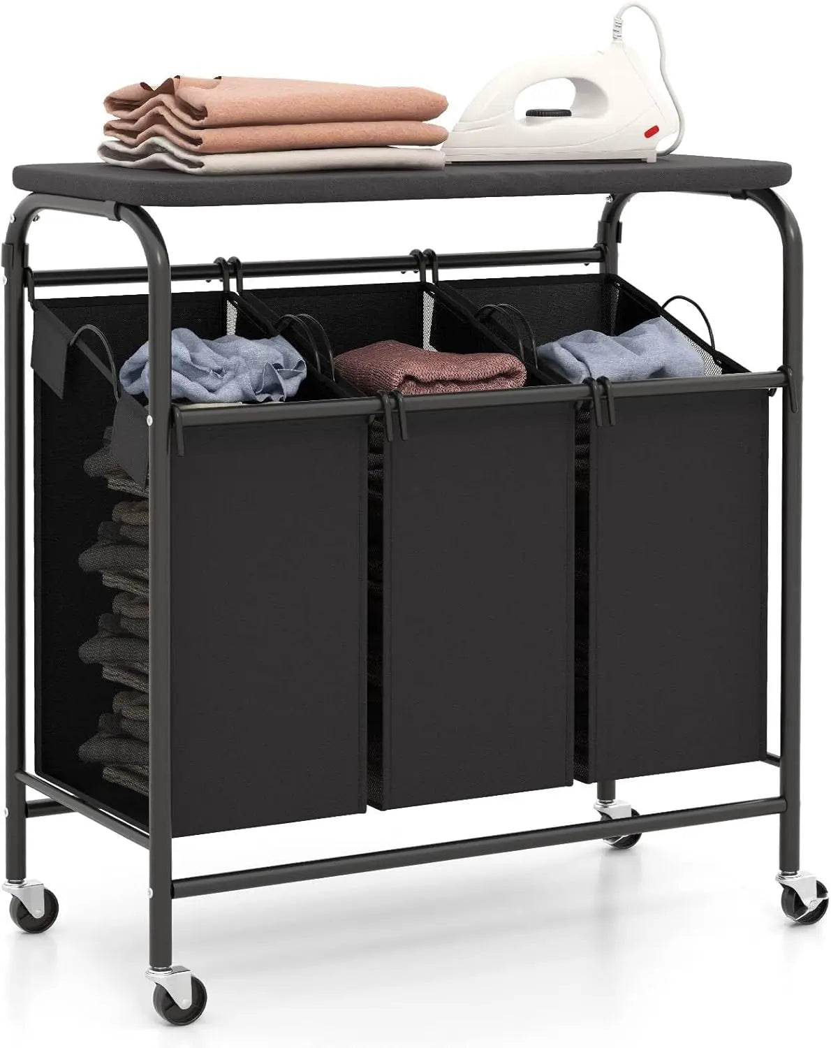 Nutshell Rolling Laundry Sorter Cart with Ironing Board featuring three removable bins and a flat surface for ironing
