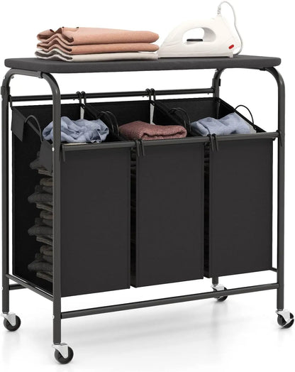 Nutshell Rolling Laundry Sorter Cart with Ironing Board featuring three removable bins and a flat surface for ironing