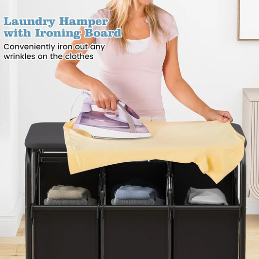Nutshell Rolling Laundry Sorter Cart with Ironing Board for convenient laundry organization and ironing