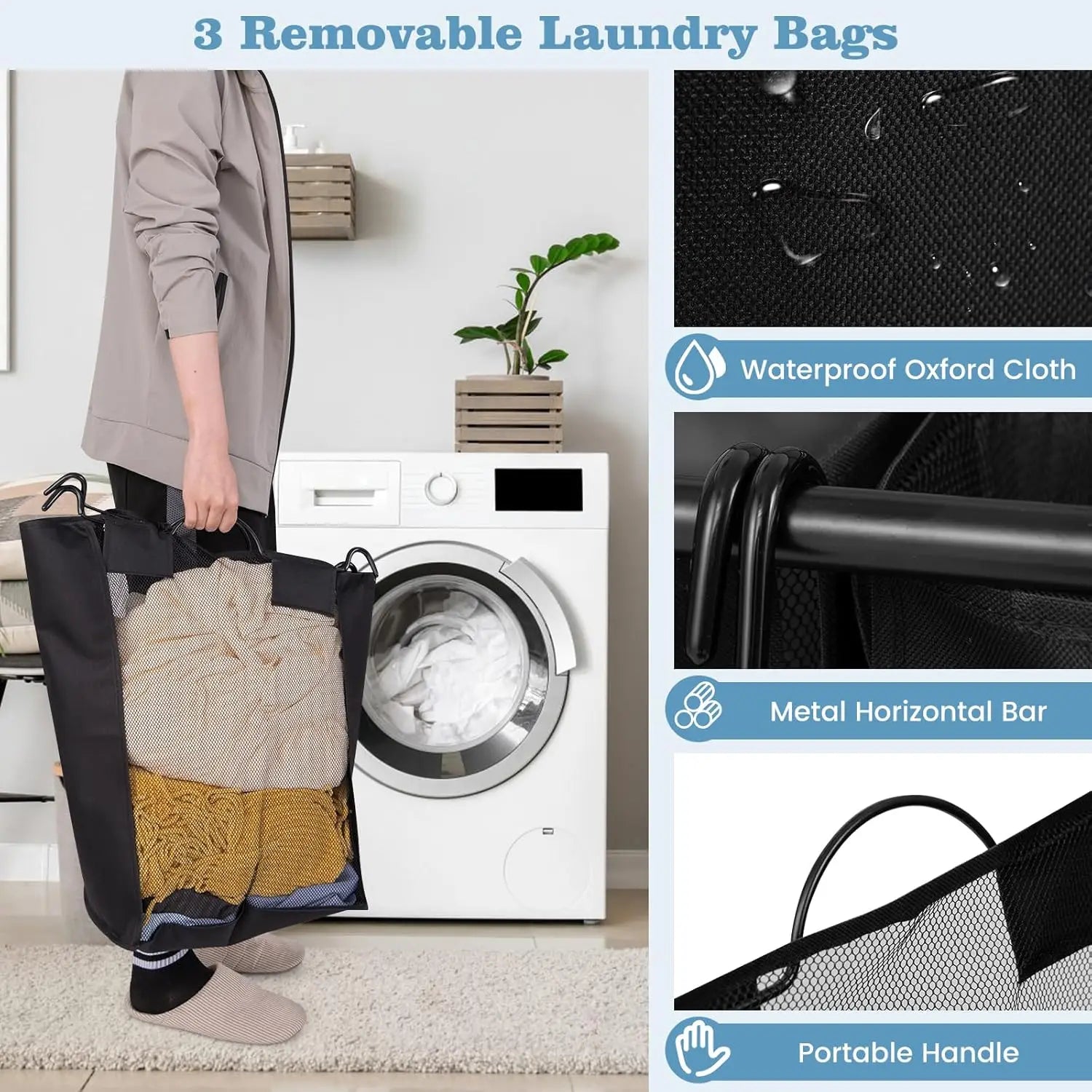Rolling Laundry Sorter Cart with Ironing Board featuring 3 removable bags and a portable handle