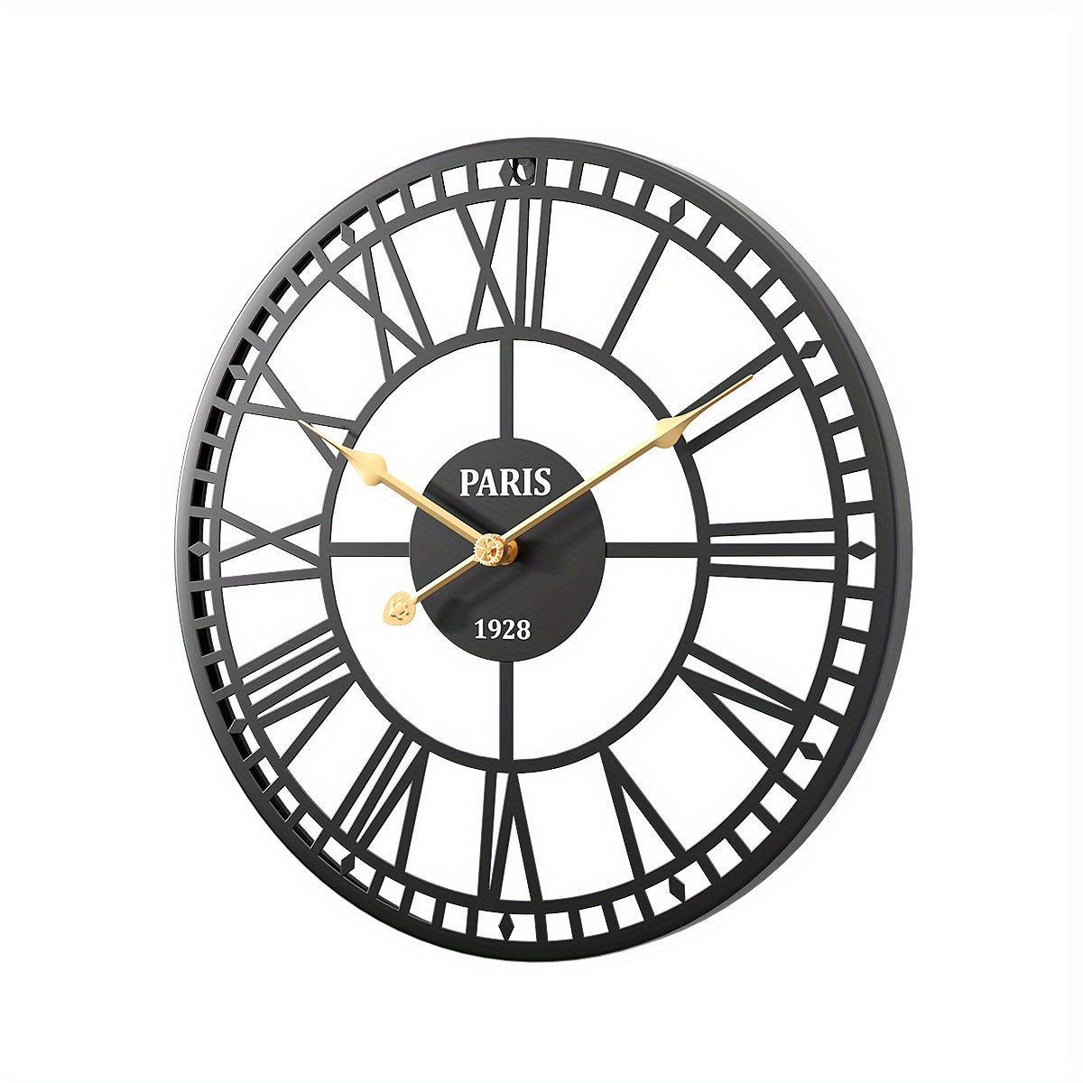 Nutshell Roman numeral wall clock with black metal frame and gold accents for stylish decor