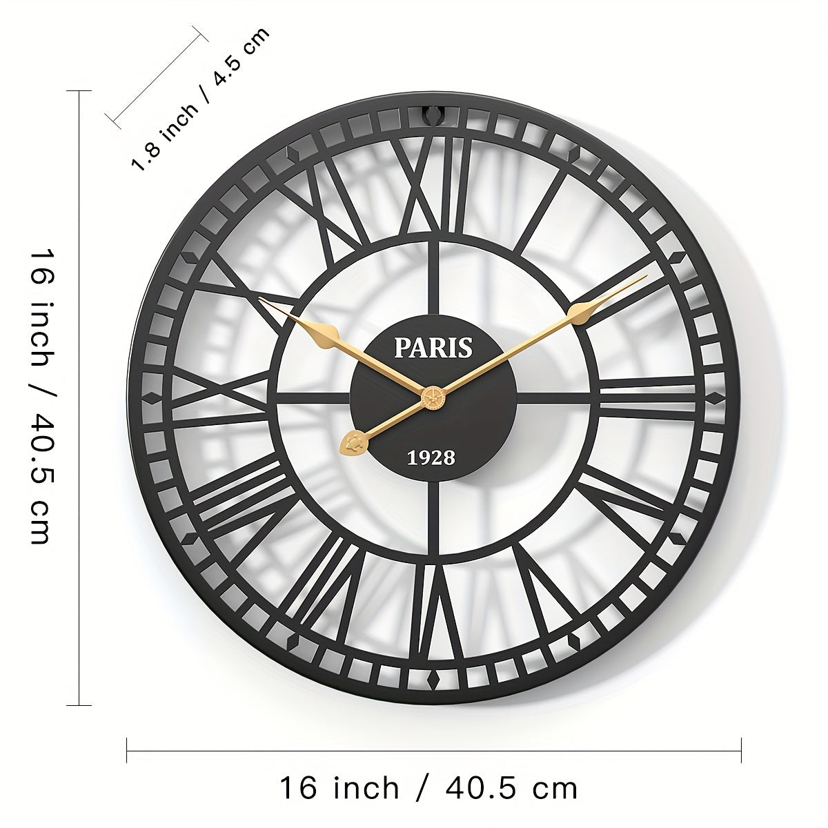 Elegant Roman numeral wall clock featuring black metal design and gold accents for stylish decor