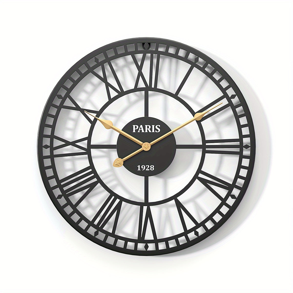 Nutshell Roman numeral wall clock in black with gold accents and Paris details
