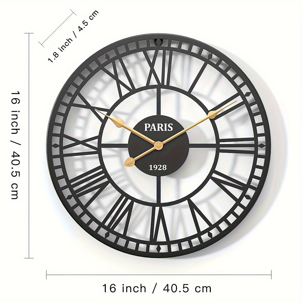 Nutshell Roman numeral wall clock with elegant design and gold accents, measuring 16 inches in diameter