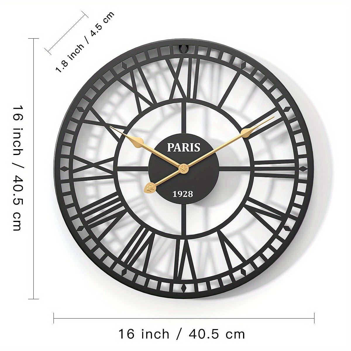 Nutshell Roman numeral wall clock with black metal design and golden hands, measuring 16 inches