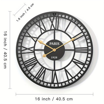 Nutshell Roman numeral wall clock with black metal design and golden hands, measuring 16 inches