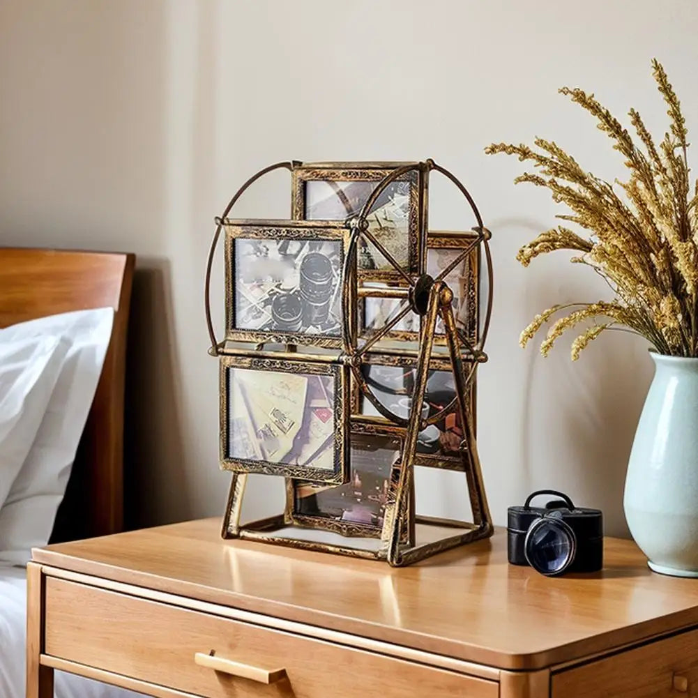 Nutshell rotating Ferris wheel photo frame displaying multiple cherished memories on a bedside table