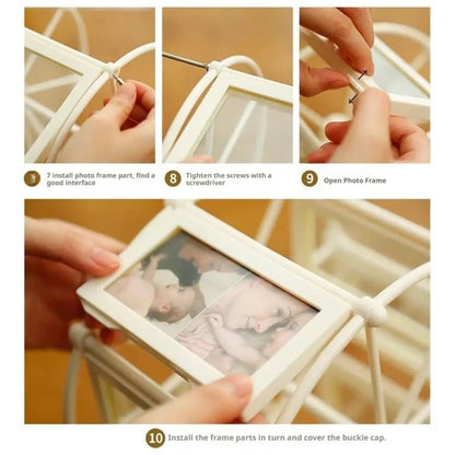 Steps to assemble a rotating Ferris wheel photo frame with multiple picture openings
