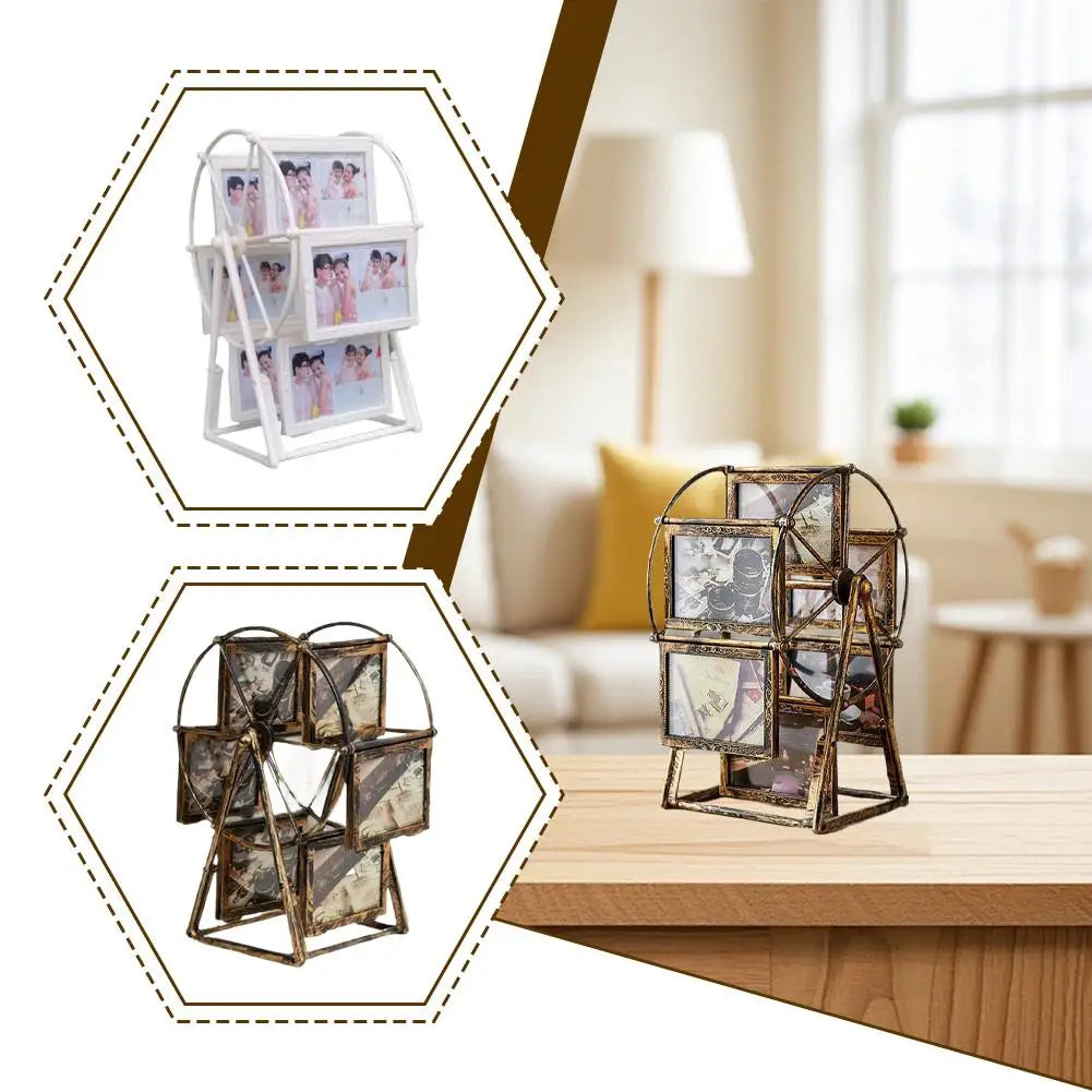 Nutshell rotating Ferris wheel photo frame in white and black displays multiple cherished memories creatively
