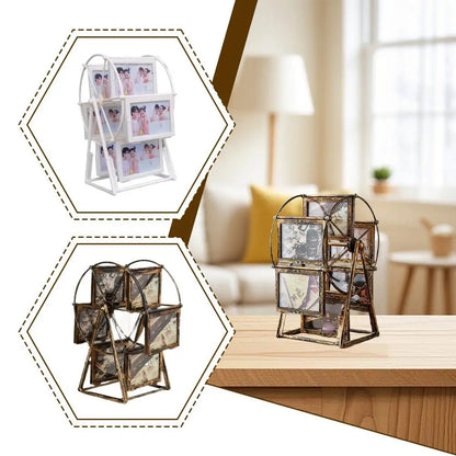 Nutshell rotating Ferris wheel photo frame in white and black displays multiple cherished memories creatively