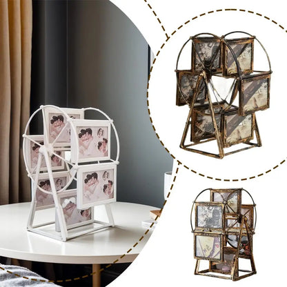 Rotating Ferris wheel photo frame in white and gold displaying multiple pictures for a charming decor