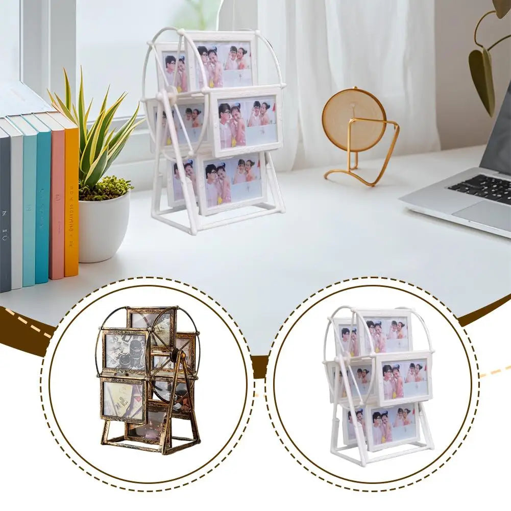 Rotating Ferris wheel photo frame in white and black displaying multiple cherished photos in a stylish design