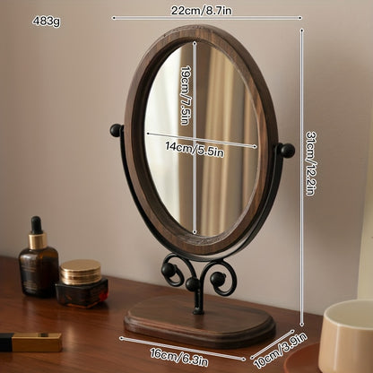 Rotating iron frame mirror with a wooden base, perfect for home decor and vanity use