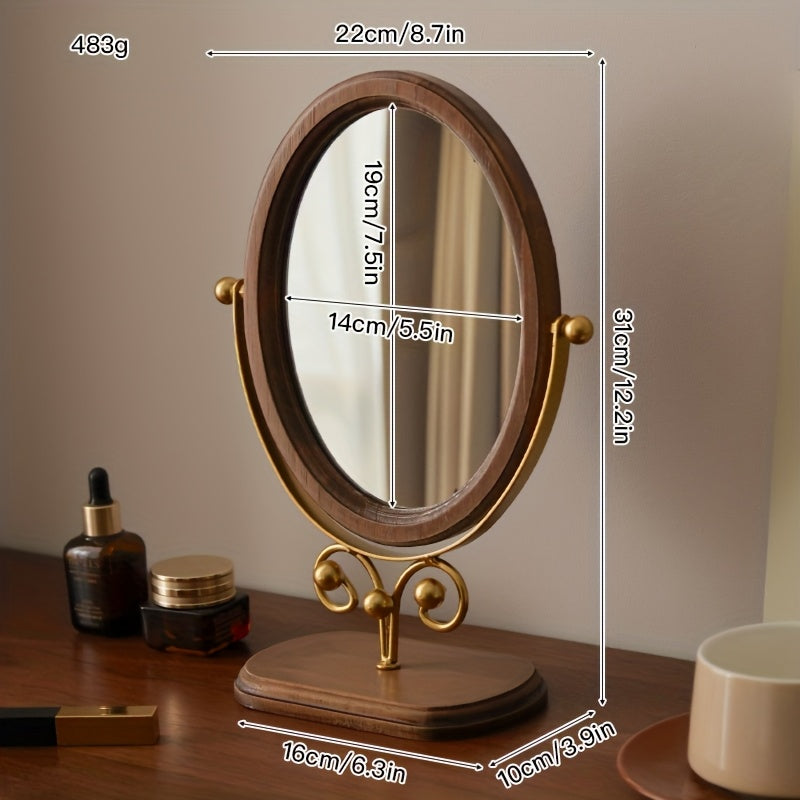 Nutshell rotating iron frame mirror in elegant design with wooden base for stylish home decor