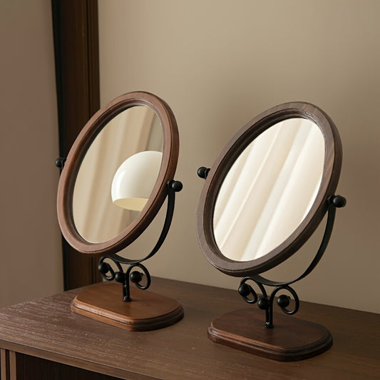 Nutshell rotating iron frame mirror with a classic wooden base for elegant home decor