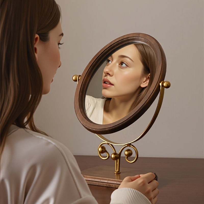 Elegant rotating iron frame mirror on a wooden base, perfect for home decor and stylish reflection.