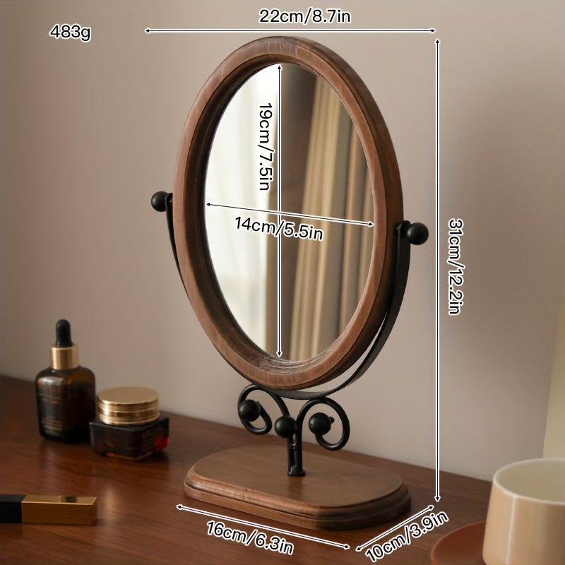 Rotating iron frame mirror with wooden base and elegant design for stylish home decor