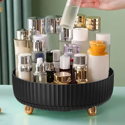 Stylish Rotating Makeup and Perfume Organizer with multiple compartments for easy access to beauty products
