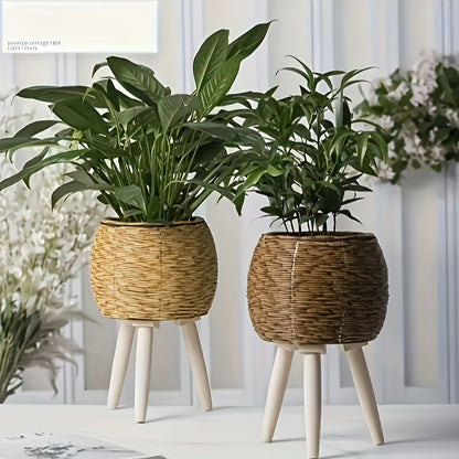 Round flower pot with wooden tripod showcasing vibrant green plants in a stylish home decor setting