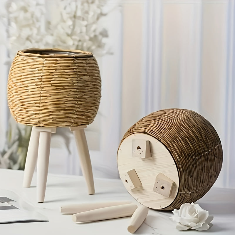 Natural wicker round flower pot with wooden tripod legs, perfect for indoor decor