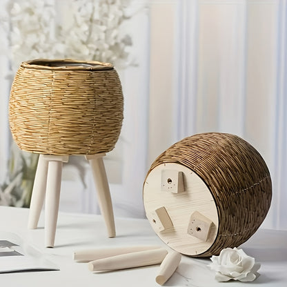 Natural wicker round flower pot with wooden tripod legs, perfect for indoor decor