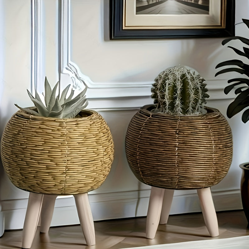 Stylish round flower pot with wooden tripod ideal for home decor with plants